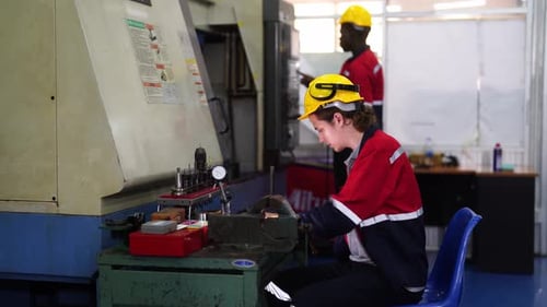Workers working on the machine. metallurgy employees examining a piece of metal drill in a facility.