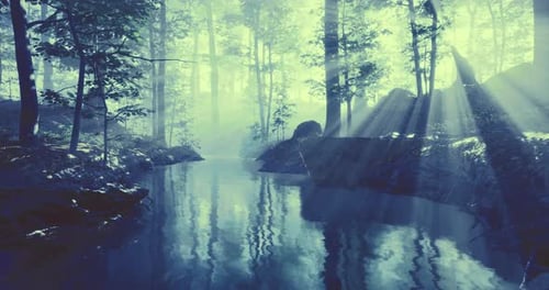 Mysterious Forest with Sun Rays and Tranquil Water at Dawn