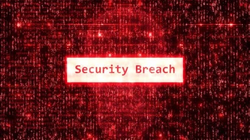 Alerta de violação de sistema de computador HD em fundo vermelho de hackers com matriz binária animada