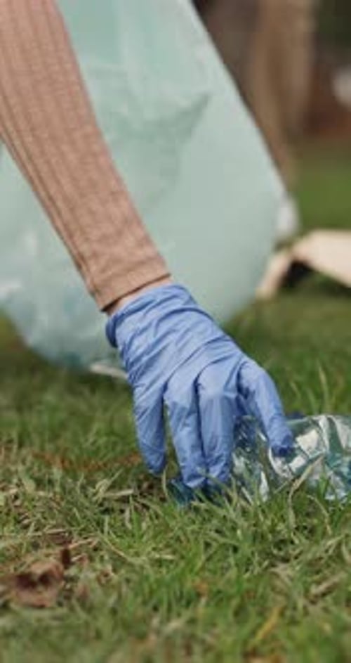 Parque, plástico o manos con bolsas de basura para limpiar, contaminar la tierra o hacer una campaña de reciclaje de una ONG