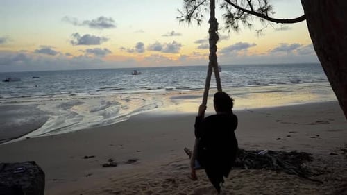 Person on Swing at Beach During Sunset