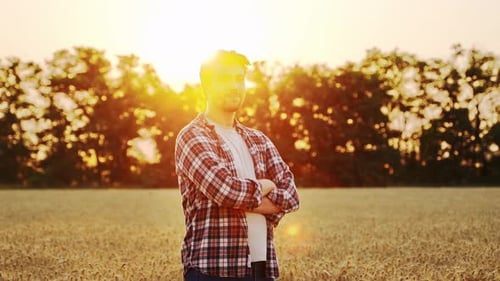 Portrait of Farmer Standing in Ripe Wheat Field with Arms Crossed on Chest Proud Agronomist Looking