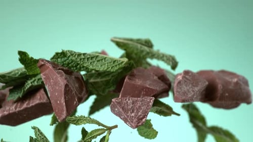 Chocolate Chunk Pieces and Mint Leaves Falling in Air