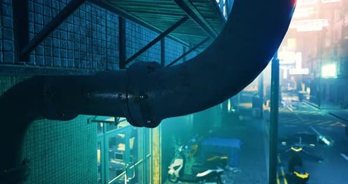 Pipe and Alleyway in a Neon City Environment at Night