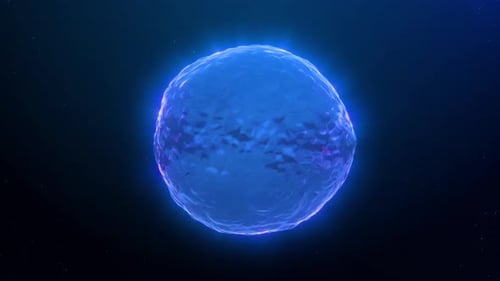 Abstract glowing blue magic plasma ball on dark blue background with rotating particles.