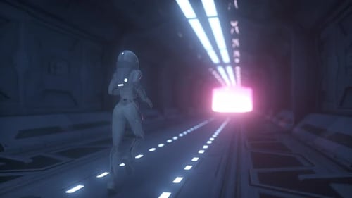 Astronaut runs through a spaceship tunnel. Spaceship and technology concept