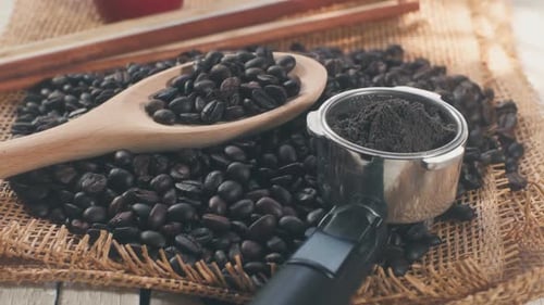 Coffee Beans with Spoon and Filter Close Up
