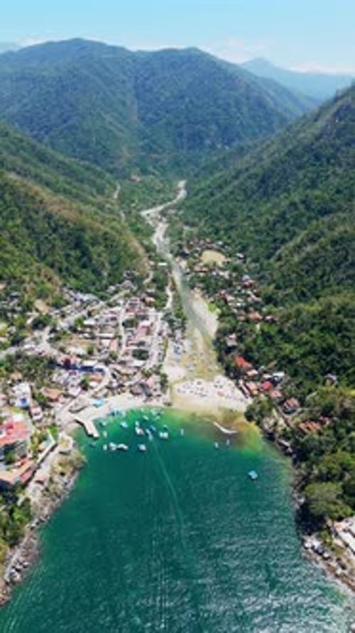 Aerial View Of Boca De Tomatlan Town, Puerto Vallarta, Mexico. Vertical Video