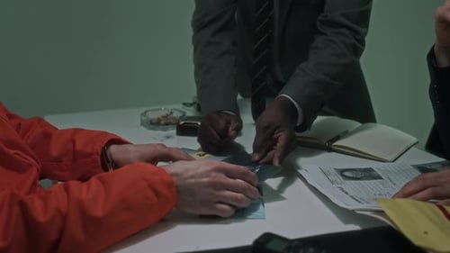 Intense Interrogation: Shackled Man Questioned by Detectives