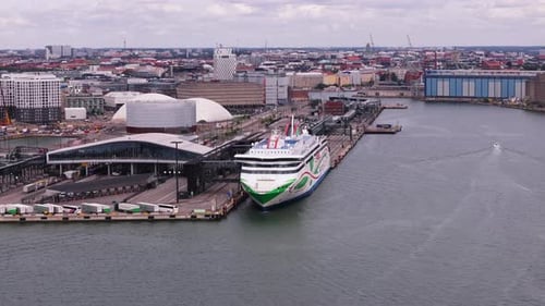 Aerial View of Harbour and Big Ferry Ship at Terminal Cityscape on Cloudy Day in Background Helsinki