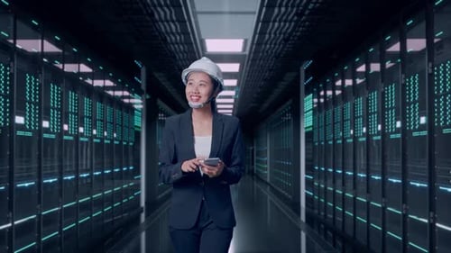Asian Businesswoman Use Smartphone While Walking and Looking Around in Data Center