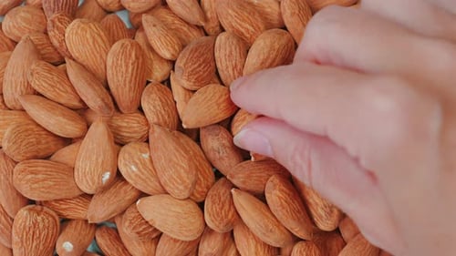 Hand Picking Almond from Delicious Nut Pile