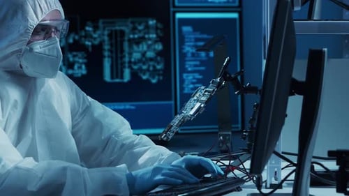 Microelectronics Engineer Works in a Modern Scientific Laboratory on Computing Systems and