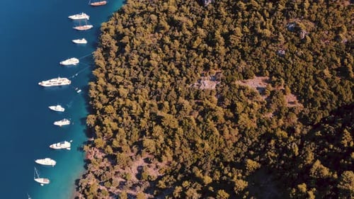 Aerial drone flying over the mediterranean sea with sailing boats, yachts in the bay lagoon. Golden