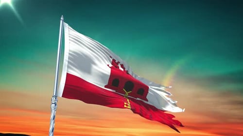 Waving Gibraltar Flag Animation Loop at Sunset