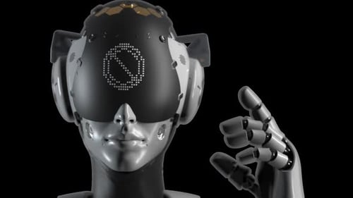 the female robot makes a hand gesture indicating caution. has an alpha channel