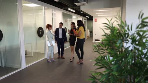 Group of four business professionals is having a conversation in a modern office corridor. The atmos