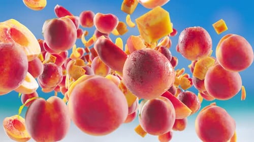 Burst of Peach Peaches Slices in Beach Tropical Summer Background