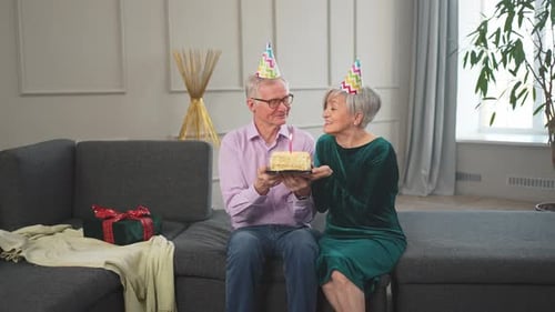 Senior Couple Celebrating Birthday with Cake at Home