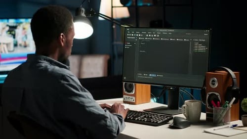 Программист Black Man управляет кодом и скриптами в искусственном интеллекте