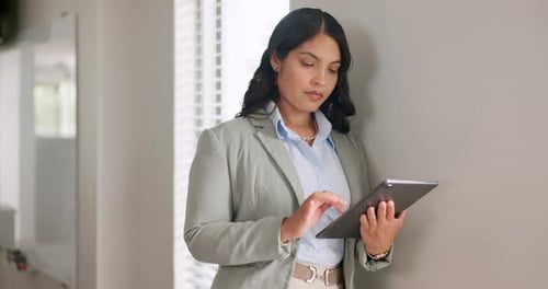 Search, tablet and business woman in office for communication, internet or social media
