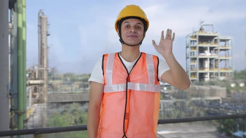 Happy Indian construction labour waving Hello