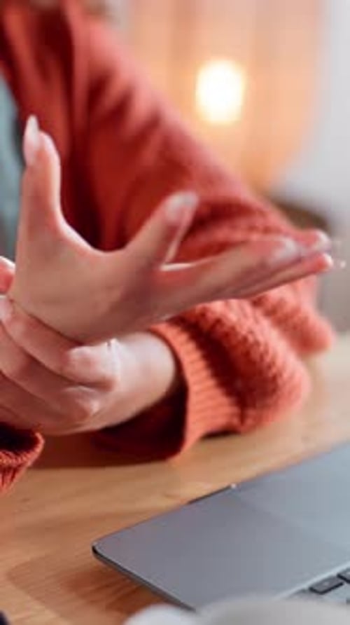 Hands, woman and laptop with discomfort of wrist pain from arthritis, poor circulation and burnout