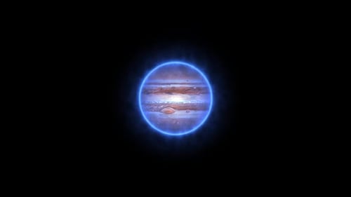 Glowing Jupiter planet rotation on black background