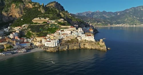 Amalfi Coast Italy Beautiful View of Amalfi Town with Colorful Architecture on the Rocks Blue Sea