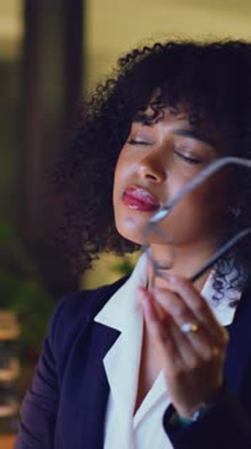 Frustrated woman, night or glasses with eyes strain, headache or stress for deadline in office