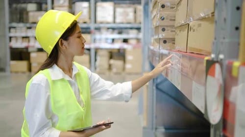 woman warehouse worker in uniform checks stock and inventory with digital tablet computer