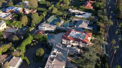 Beverly Hills, California USA. Birds Eye Aerial View of Upscale Homes in Rich Residential Neighborho