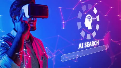 Young man wearing virtual reality headset exploring artificial intelligence concepts with digital in