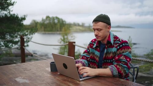 Journalist Or Writer Working With Laptop In Beautiful Natural Place Wait For Inspiration