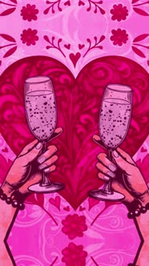 Romantic Champagne Toast Animation with Decorative Heart Background