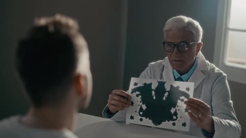 Psiquiatra sénior muestra la prueba de manchas de tinta de Rorschach a un paciente masculino