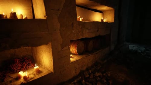 Flickering Candles and Chains in a Dark Stone Crypt