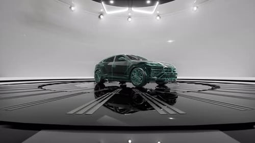 Wireframe Digital Car Model in a High-Tech Studio