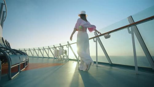 Woman Strolling on Cruise Ship at Sunset