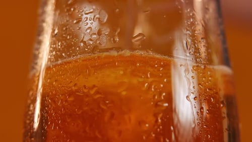 Boire de la bière froide en gros plan dans du verre pour faire des bulles, boisson rafraîchissante en gros plan à l'orange