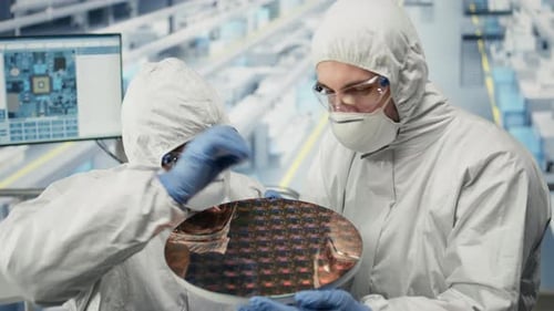 Innovating Components Silicon Wafers and Team of Technicians