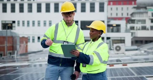 Employees, technician and solar panel with tablet in rooftop with digital plan for green energy