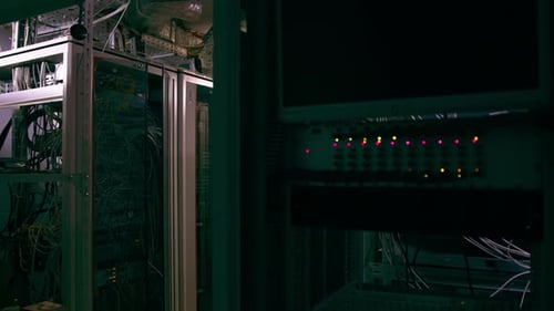 close-up of a pile of network patch cables in a server room in a data center room Data transmission