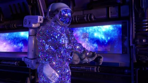 Futuristic Crystal Astronaut Holds Glowing Jellyfish in Space