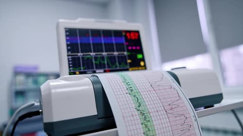 Machine for electronic cardiogram printing paper report. Close up.