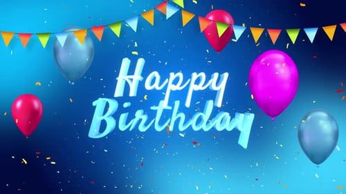 Happy Birthday Title with Confetti, Balloons, and Pennants Animation