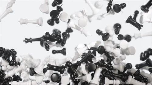 Dynamic 3D Chess Pieces Falling and Clearing Background