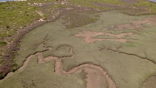 Marshes and estuary with sandy beaches and boats. Aerial view. Andalusia. Spain.