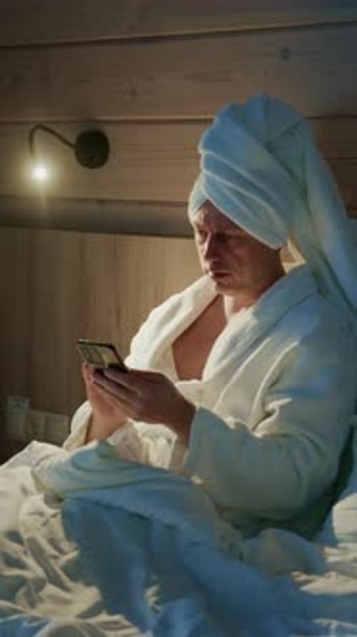 Routine de soirée relaxante avec un homme en peignoir vérifiant son téléphone dans une chambre confortable