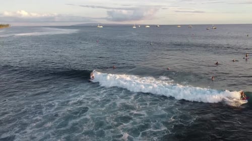 Drone shot of surfers riding waves in one of Hawaiis most notorious surf beaches
